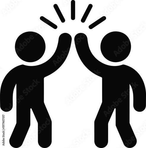 Simple stick figure illustration showing high five gesture with radiant burst symbolizing achievement collaboration and positive interaction