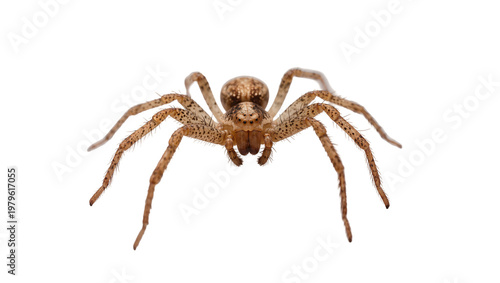 Brown hairy spider with eight legs and dark eyes facing forward