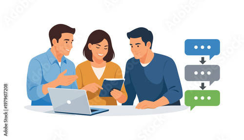 A team aligning structured communication during a collaborative update session, gathered near a laptop while interacting with a simple synchronized message flow symbol