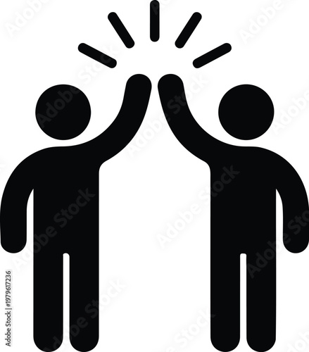 Simple stick figure illustration showing high five gesture with radiant burst symbolizing achievement collaboration and positive interaction