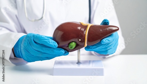 An anatomical model of the human liver, gallbladder, and pancreas being examined by a medical professional wearing surgical blue gloves.