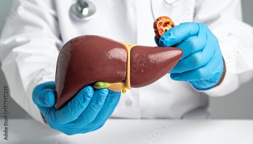 An anatomical model of the human liver, gallbladder, and pancreas being examined by a medical professional wearing surgical blue gloves.