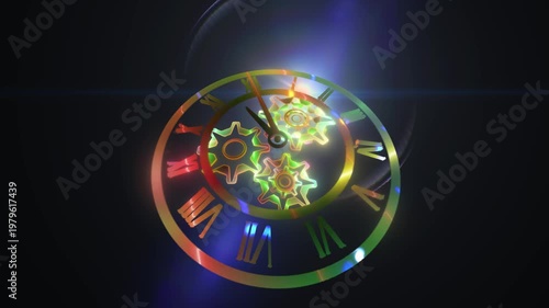 A surreal cosmic clock with rotating gears floats within a glowing galaxy, symbolizing the infinite flow of time, universal motion, and the connection between mechanics and the cosmos.
