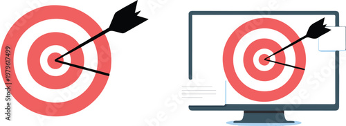Clean outline vector showing targeted advertising strategy with bullseye icon and monitor screen representing online marketing analytics concept