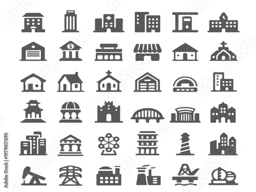 A collection of various building and structure icons in a simple black and white style