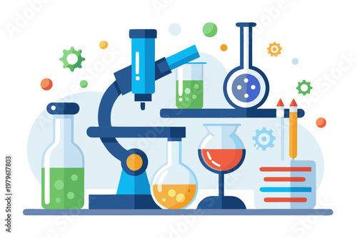 A bright and colorful flat design illustration of a science laboratory, featuring a microscope, various flasks, beakers, and abstract scientific elements.