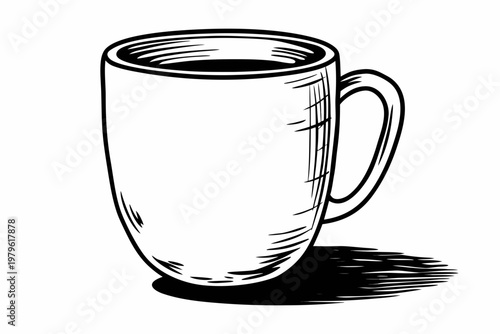 A stark black and white hand-drawn sketch of a coffee mug with a prominent handle and a dark beverage, casting a bold, sketchy shadow.