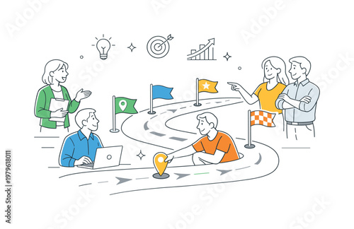 A collaborative planning and shared roadmap scene showing a small team aligning strategy around a large path and milestone markers, using a clean visual metaphor of