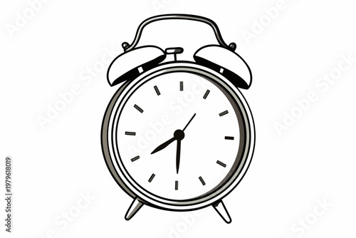 A traditional, hand-drawn alarm clock with prominent bells and a simple clock face sits in the center, ready to announce the morning hour.