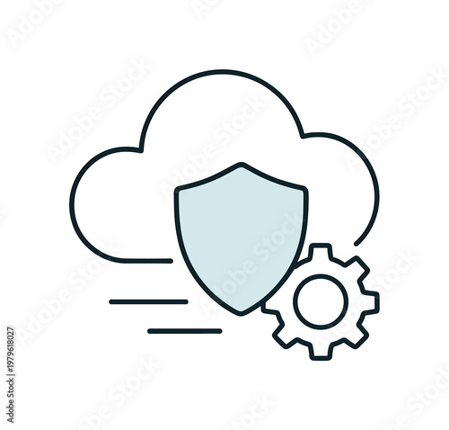 Secure and efficient cloud-based solutions in digital transformation, a cloud combined with a small shield and gear element symbolizing protected infrastructure and