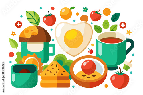 A vibrant and cheerful flat illustration displays a variety of breakfast items including toast, eggs, fruits, coffee, and pastries arranged dynamically.