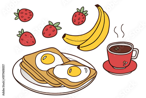 A delightful illustration showcases a hearty breakfast spread featuring toast with fried eggs, fresh strawberries, a bunch of bananas, and a steaming cup of coffee.