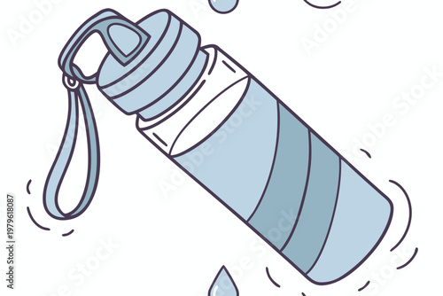 A stylized cartoon drawing of a blue and light blue reusable water bottle with a convenient strap, conveying a sense of active hydration with scattered water droplets.