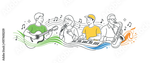 Creative expression and musical performance in a cultural or lifestyle context where individuals play instruments to communicate emotion and artistry, represented by a