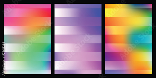 Set of abstract blurred gradient background with horizontal stripes and vibrant neon colors for poster covers and web design.