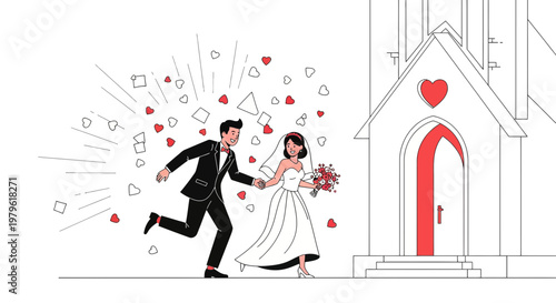 Happy Couple Running from Church with Hearts Confetti - Wedding Celebration