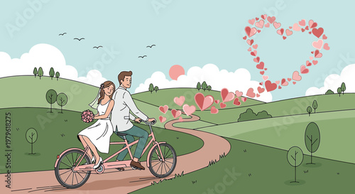 Happy Couple Riding Tandem Bike Through Scenic Landscape with Love Hearts