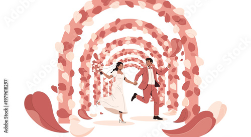 Happy Couple Running Through Wedding Archway Decorated with Pink Petals