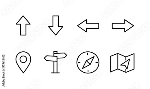 Directional signage: arrow up, arrow down, arrow left, arrow right, location pin, map signpost, compass, navigation sign.