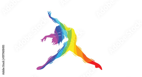 Dancer silhouette performs a dynamic leap while filled with a vibrant rainbow gradient to represent artistic freedom and inclusivity.