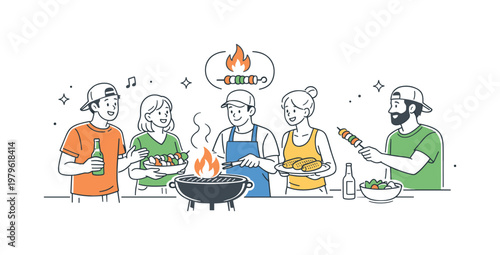 A casual outdoor grilling scenario where friends or family prepare food together in a relaxed setting, shown through a small group gathered near a simple grill with a