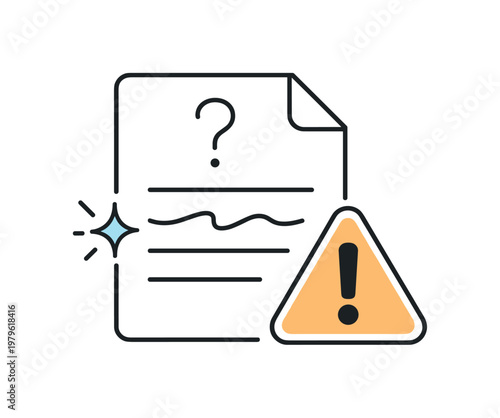 AI hallucination and unreliable generated output in automated systems requiring verification, a simple document combined with a small spark and a warning symbol