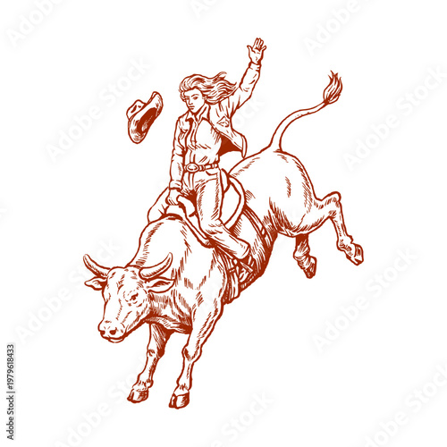 Cowgirl Riding Bull Rodeo Extreme Western Action Illustration