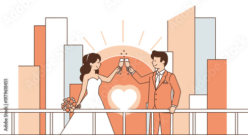 Happy Couple Toasting on Wedding Day with City Skyline Background