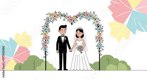 Happy Couple Under Floral Archway, Wedding Ceremony Illustration
