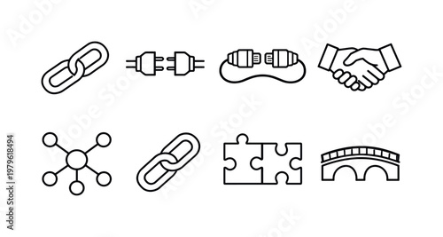 Connection and linking: chain link, plug connection, cable connector, handshake, network nodes, link icon, puzzle connection, bridge.