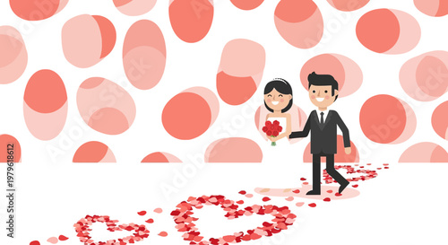 Happy Couple Walking on Heart Petal Path, Wedding Celebration Illustration