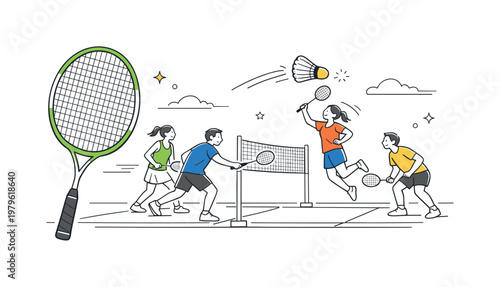 Badminton sports activity scene showing a small group of players engaging in a friendly match on an indoor or outdoor court, with a badminton racket and a single