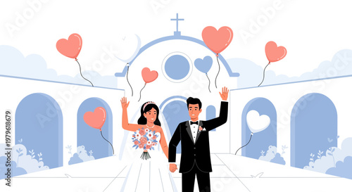 Happy Couple Waving Goodbye After Wedding Ceremony with Heart Balloons