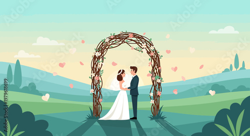 Happy Couple Wedding Ceremony Outdoors Under Floral Arch