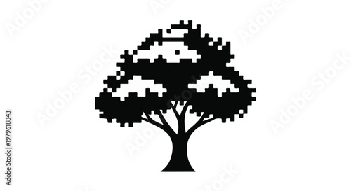 Tree rendered in a pixelated style conveys a modern digital interpretation of nature and environmental growth concepts.