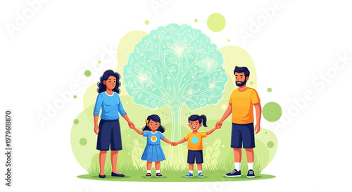 Happy family holding hands in front of a magical tree symbolizing growth and togetherness in a