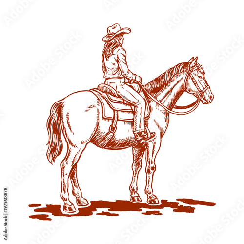 Cowgirl Sitting on Horse Standing Pose Classic Western Character Illustration