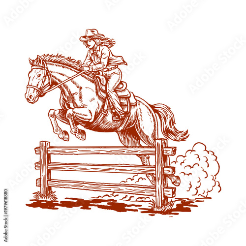 Cowgirl Jumping Horse Over Fence Dynamic Rodeo Action Illustration