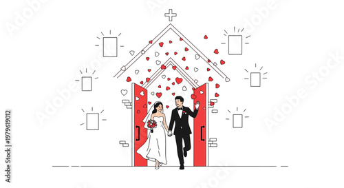 Happy Wedding Couple Exiting Church Entrance with Falling Hearts Illustration