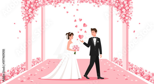 Happy Wedding Couple Embracing Love Hearts on Floral Arch Pathway