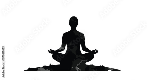 Meditating person in a lotus pose represents inner peace and mindfulness within a stylized black silhouette graphic.