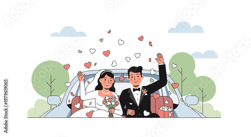 Happy Wedding Couple in Car, Hearts Falling, Celebrating Love and Marriage