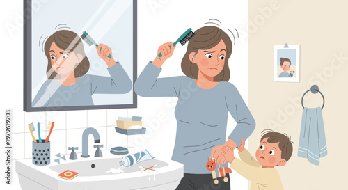 Mother Brushing Hair While Child Pulls on Her Arm