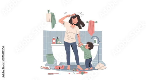 Mother Brushing Her Hair While Holding Her Son's Hand In A Messy Bathroom