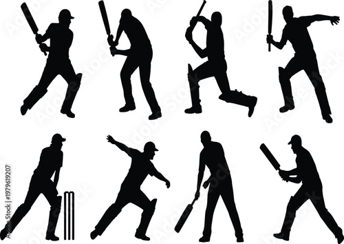 Black and white silhouettes of cricket players in action vector illustration EPS PNG file