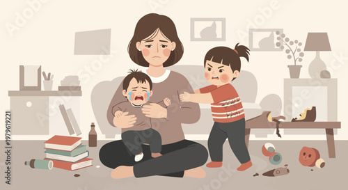 Overwhelmed Mother With Crying Baby And Tantrum Throwing Child