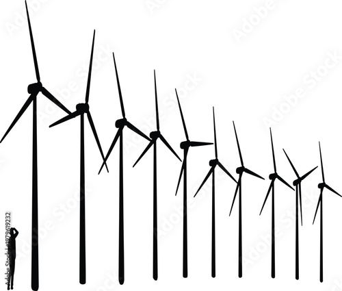 Row of wind turbines with a single person for scale vector illustration EPS PNG file