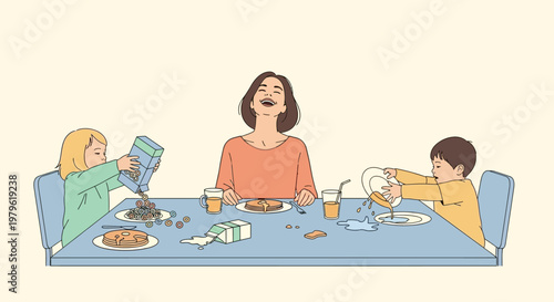 Mother Laughing At Messy Breakfast With Two Children At Table