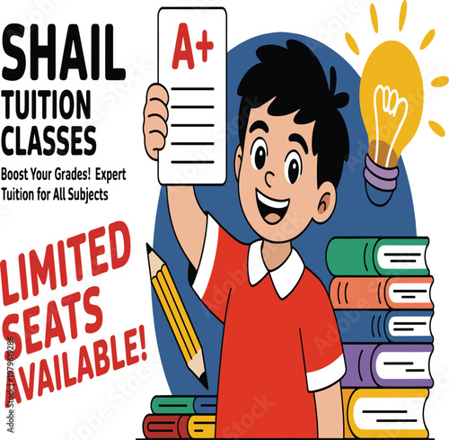 Happy student holding a+ paper and pencil in vibrant educational advertisement vector illustration EPS PNG file