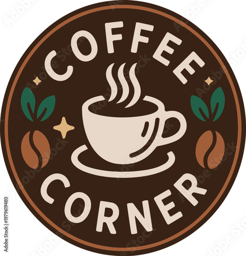 Brown and beige coffee corner emblem with steaming cup vector illustration EPS PNG file